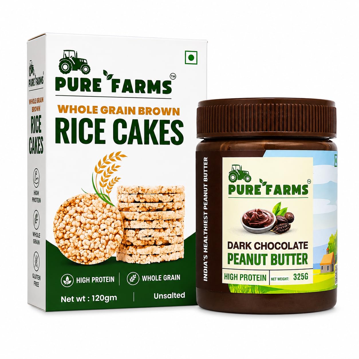 PURE FARMS Dark Chocolate Crunchy Peanut Butter 325g + Whole Grain Brown Rice Cakes Pack of 3 (120g Each) | High Protein Healthy Snack Combo | Gluten Free, Low Calorie, Vegan, No Hydrogenated Oil-image-2