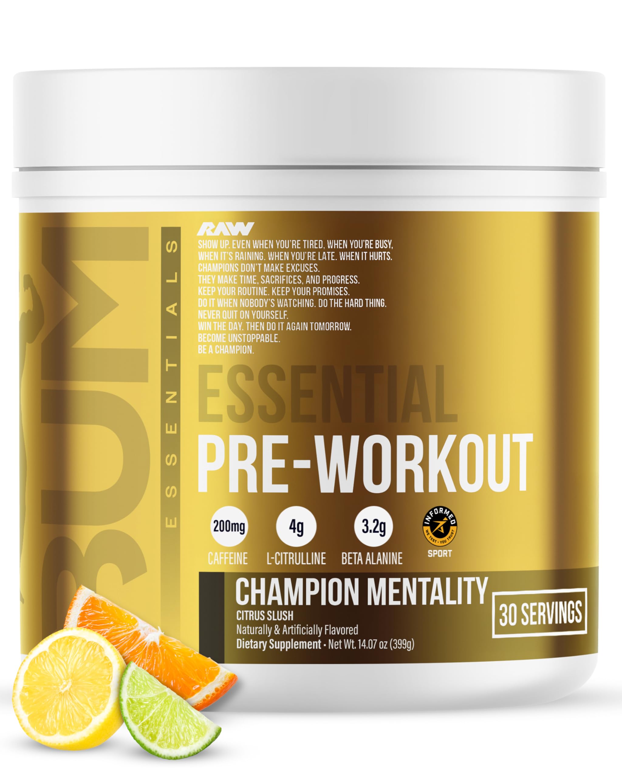 RAW Essential Pre-Workout Powder (Champion Mentality) - Chris Bumstead Sports Nutrition Supplement for Men & Women - Preworkout Energy Powder with Caffeine, L-Citrulline, L-Tyrosine & Beta Alanine