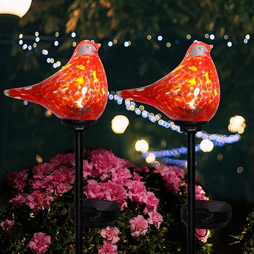 Miniatura 6 de Afirst Luces solares decorativas para exteriores, luces solares de jardín con diseño cardenal soplado a mano, estacas de jardín impermeables para