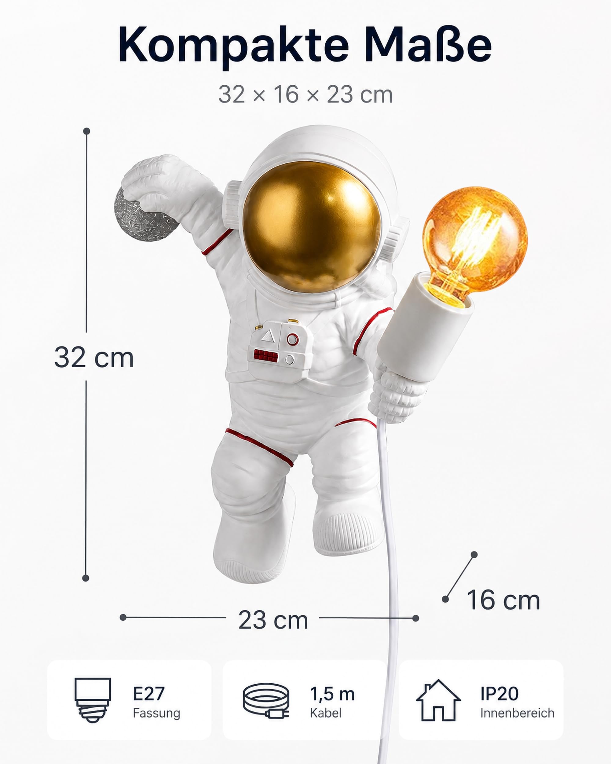 ACMHNC Lámpara de Pared Infantil Con Enchufe y interruptor, Decorativa Astronauta Aplique de Pared Para Habitación de Niños Con Cable 1,5 M, E27 Iluminación Pared Interior Para Niños y Niñas, Blanco