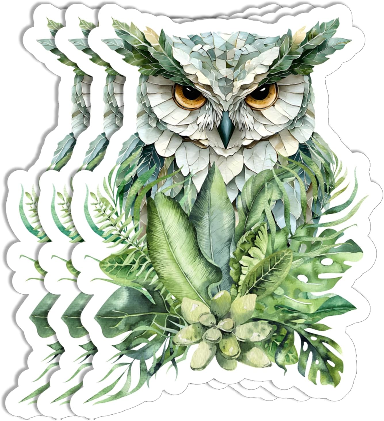 3Pcs Green Owl with Leaves Sticker - Plant - Owl Lover - Nature - Animal Lover - Sticker for Water Bottle - Tablet - Laptop - Notebook