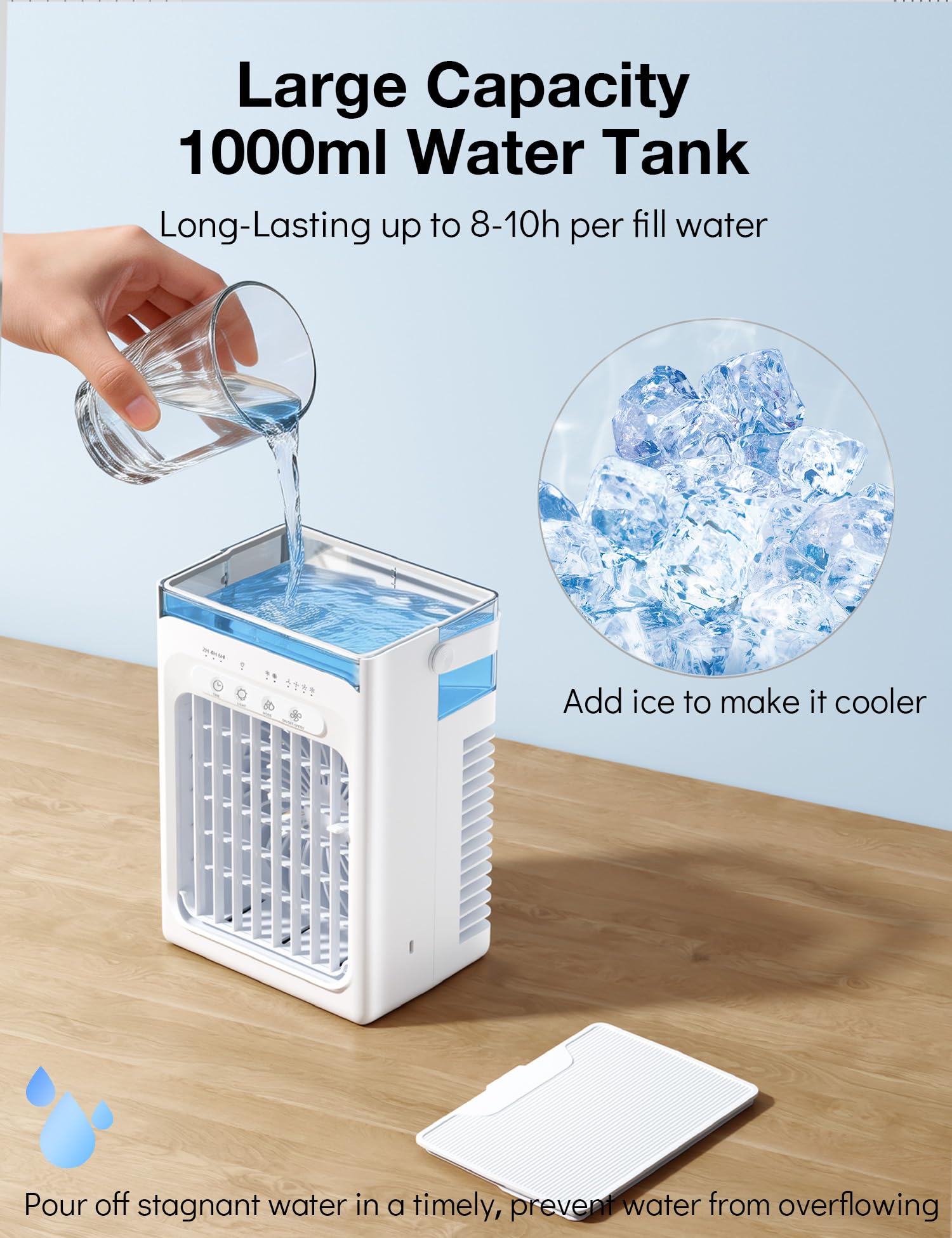 Mini Climatiseur Portable, Climatiseur Mobile 1000ml, 4 en 1 Refroidisseur d'air, Mini Clim Portative Ventilateur Brumisateur avec 3 Vitesses, Minuteur, Petite Clim pour Chambre