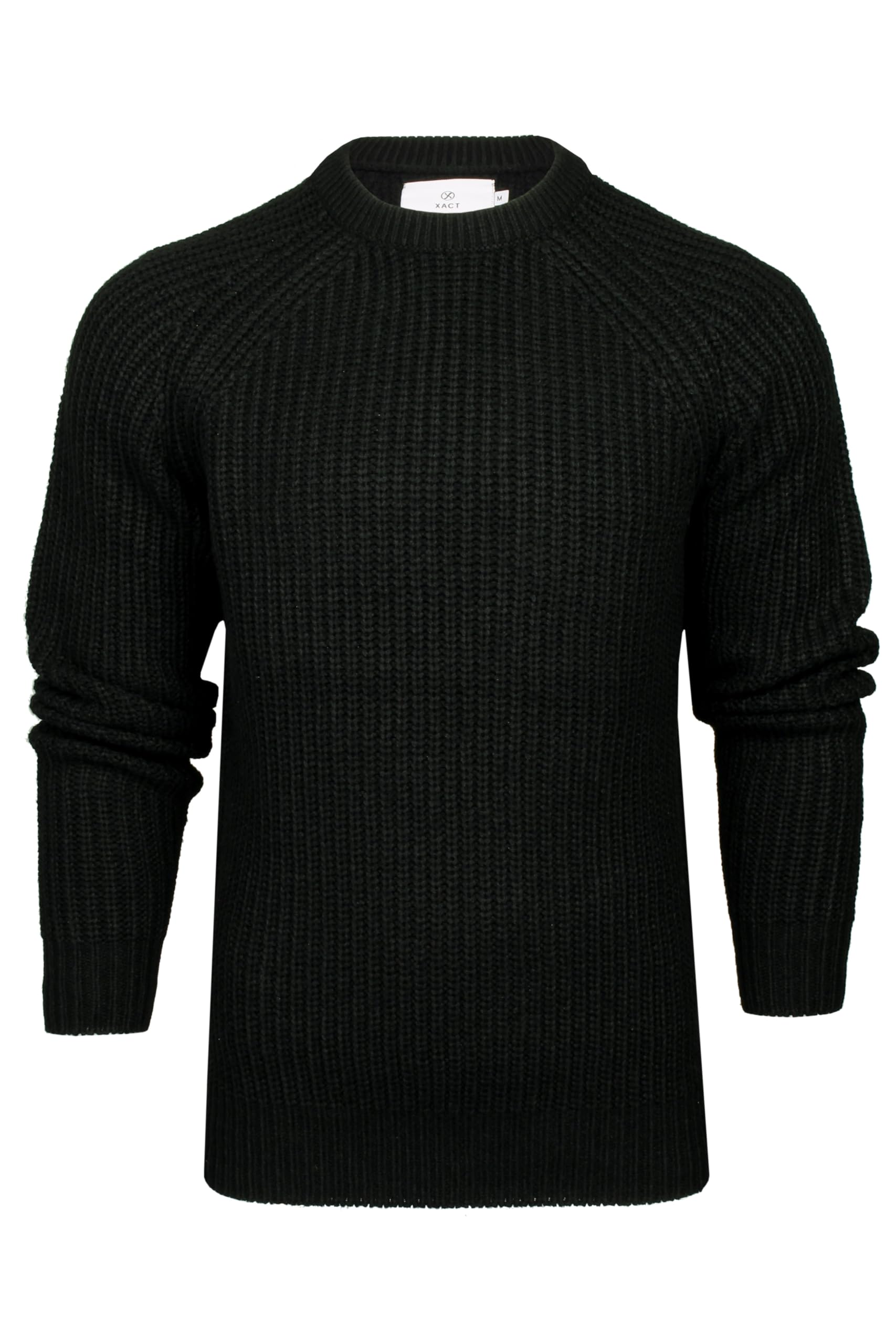 Xact Men's Black Chunky Fisherman Knit Jumper, Crew Neck, Raglan Sleeve (Black) Xl