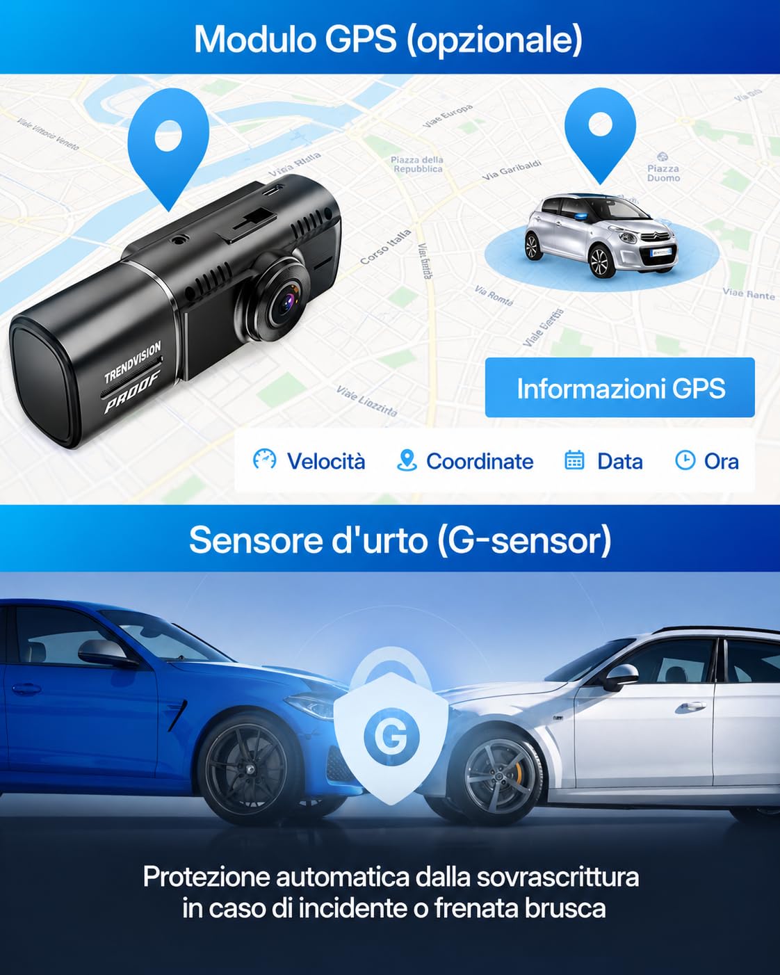 Proof Ultra Dash Cam 3 Canali 4K+2K Anteriore e Interna con Posteriore, GPS, WiFi App, Visione Notturna IR, Modalità Parcheggio