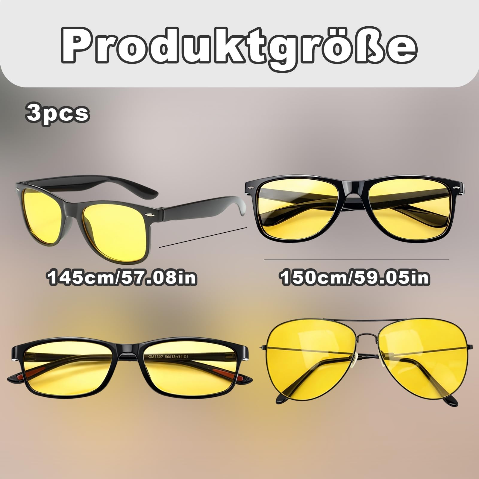 Nachtsichtbrille, Nachtfahrbrille Damen Und Herren, 3er Set Mit Dünnen Und Dicken Fassungen, Gelbe Gläser Für Bessere Nachtsicht, Ideal Für Autofahrer Und Outdoor-Aktivitäten