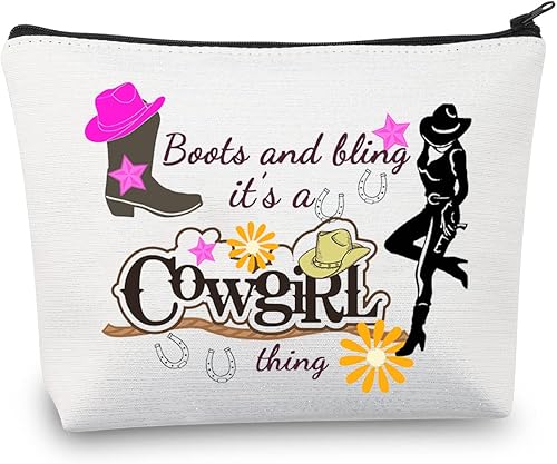 MBMSO Bolsa de maquillaje de vaquera, regalos de vaquera para mujer, botas y Bling It's a Cowgirl Thing, bolsa de cosméticos, regalos ecuestres