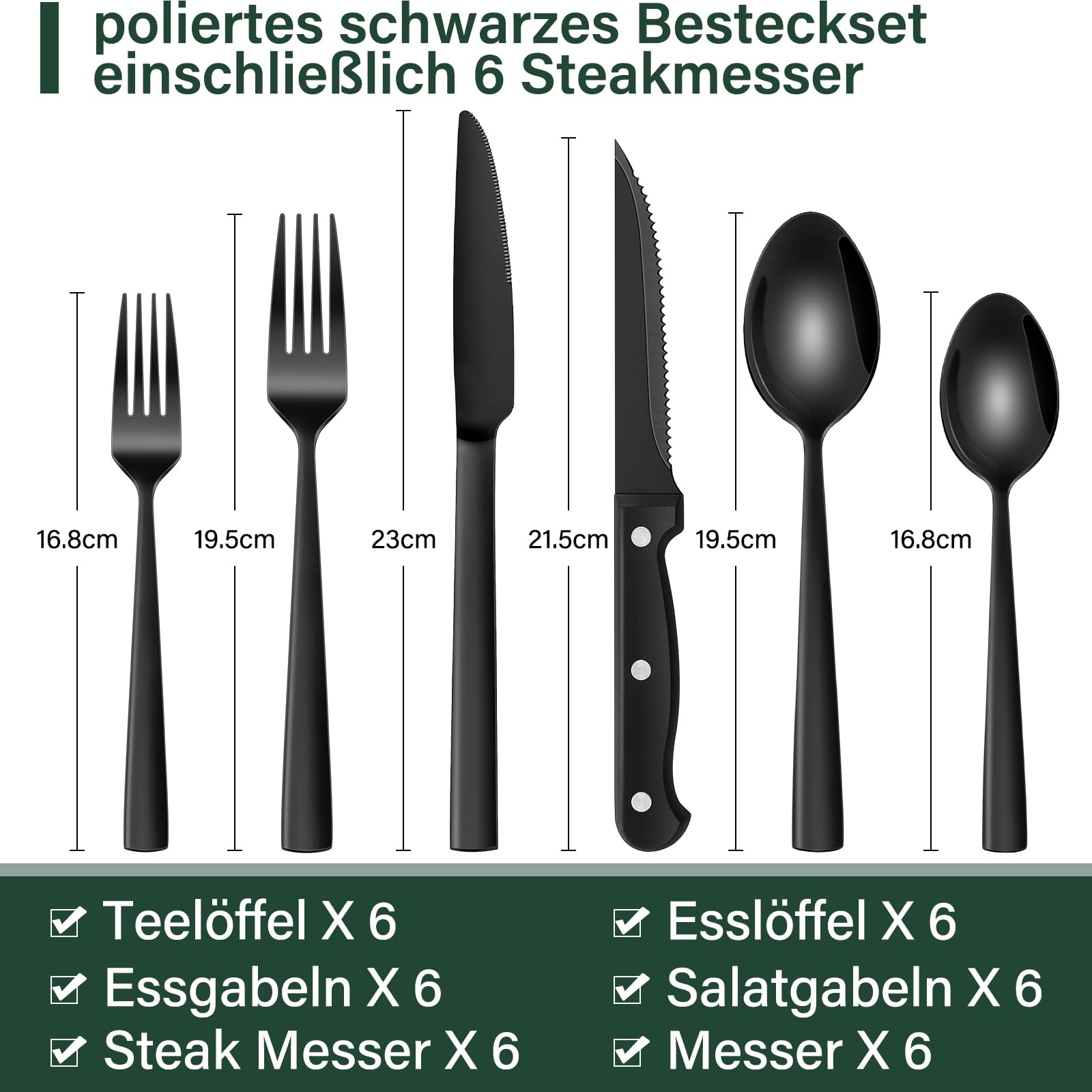 Terlulu 36 teiliges Edelstahl Besteckset mit Steakmesser Schwarz, Besteck Set 6 Personen, Elegantes Essbesteck Set mit Messer Gabel Löffel, Tafelbesteck für Haus/Party/Restaurant, Spülmaschinenfest