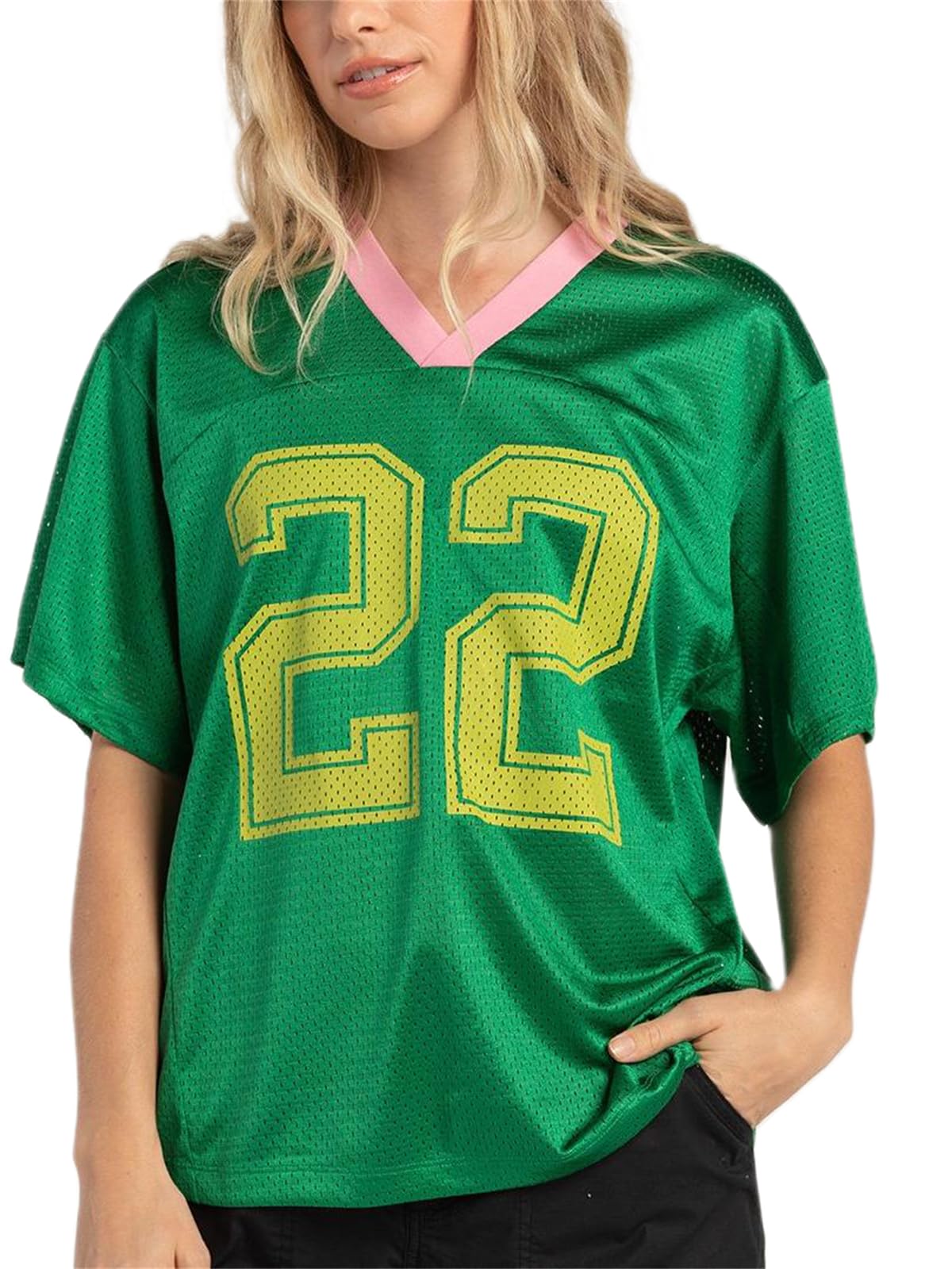 Oversized Jersey Shirts for Women Y2k Number Graphic Print V Neck Short Sleeve Aesthetic Summer T-Shirt Streetwear