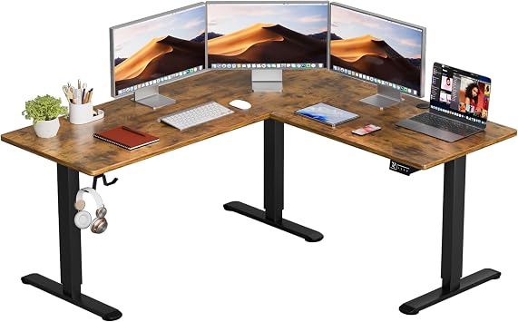 L Shaped Standing Desk Adjustable Height, Electric Corner Standing Desk, Sit Stand Computer Table with Memory Controller for Home Rustic Brown, 55 Inch