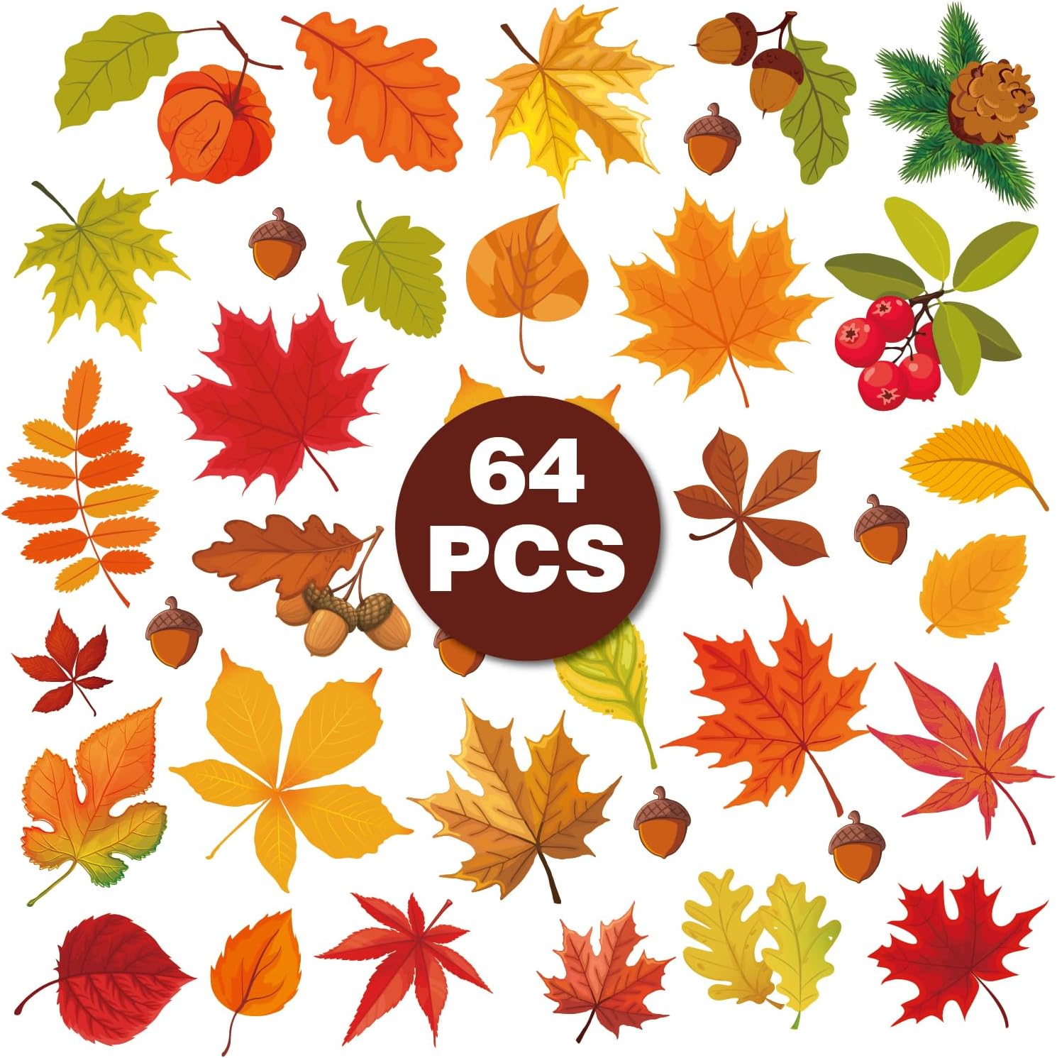 64 PCS Autumn Fall Window Clings, 6 Sheet Fall Red Leaves Glass Window Stickers, Autumn Maple Leaves Seasonal Decorations, Thanksgiving Fall Window Decals for Home Office School Classroom Kidsroom