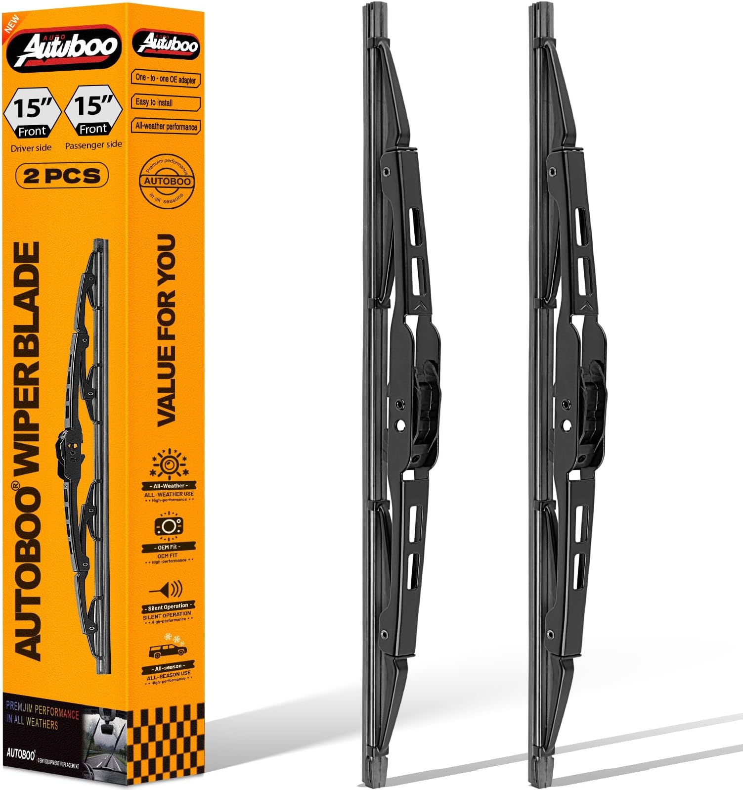 AUTOBOO Replacement for Jeep Wrangler Front Windshield Wiper Blades 2007-2017- Wiper Blade 15 +15 inch (Set of 2)