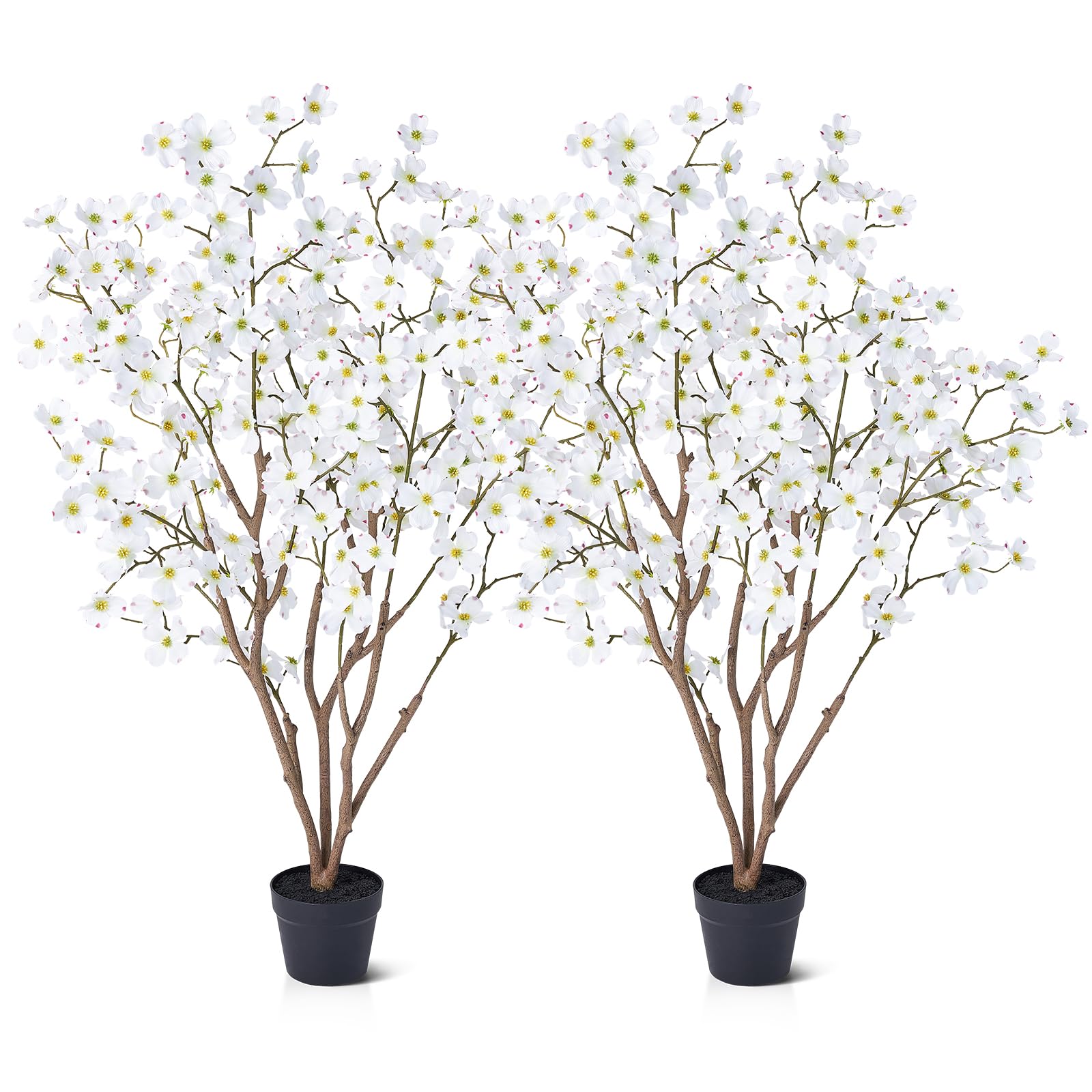 VeriNatural Set of 2 Artificial Plants Indoor Tree - 120 cm Tall Faux Dogwood Tree with 192 Silk Flowers, UV Resistant Plastic Pot - Home Decor for Living Room, Garden, Office, House, VN230