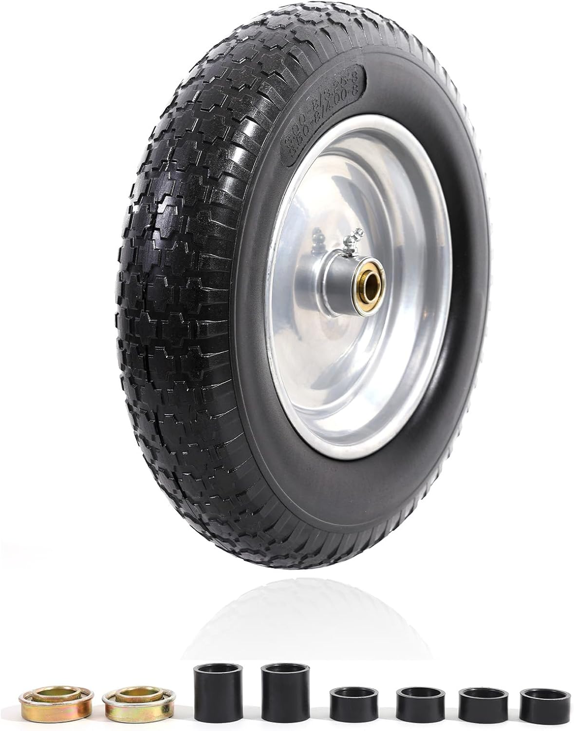 MZREXN 14.5" Wheelbarrow Tire Flat-Free 3.00/3.25/3.50/4.00-8" Solid Tire and Wheel with 3"-7" Centered Hub, 3/4" & 5/8" Bearings Replacement for Hand Truck/Dolly/Utility Cart/Garden Cart 1PCS Silver