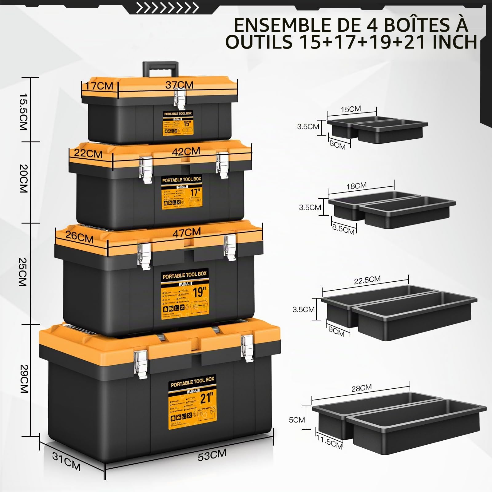 AIRAJ Caja Herramientas, Caja de Herramientas 4 en 1, Caja de Almacenamiento Portátil con Cerradura, 8 Organizadores Extraíbles, Boîte de Rangement Mini/Pequeña/Grande, 15"+17"+19"+21"