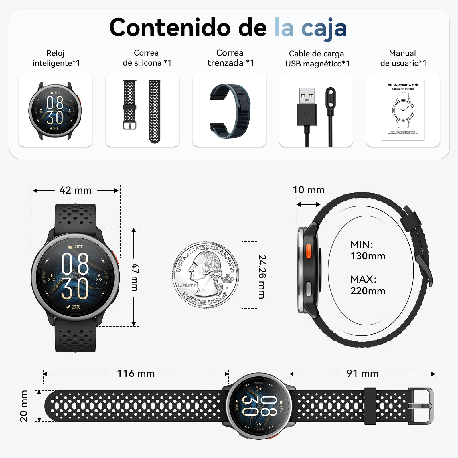 Reloj Inteligente Hombre 1.27" Smartwatch Mujer Redondo 2 Correas, Monitor de Sueño Funciones de Salud y Fitness 120+ Modos Deportivos 3ATM Impermeable para iPhone/Samsung/Android Nnegro