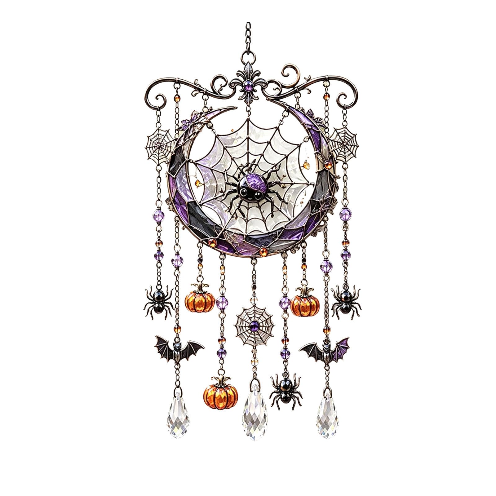 Halloween Themed Wind Chime, Glow in the Dark Hanging Bell Ornament with Soft, Metal Spooky Gothic Holiday Seasonal Decor with Stained Glass Panel and Pendant for Garden Porch Patio Yard Balcony Home