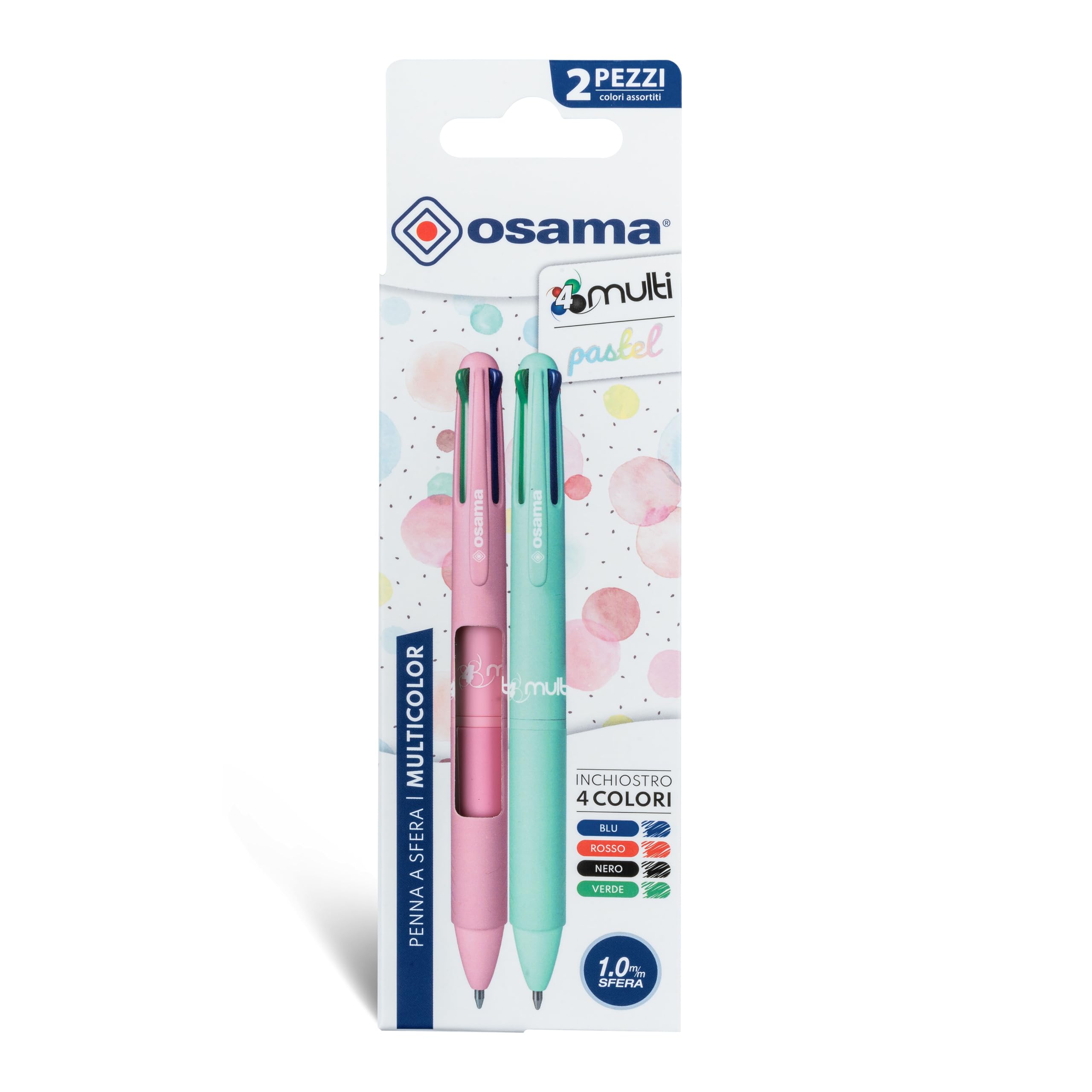 OSAMA 4 Multi Pastel Coloured Pens - 4 Colours, Set of 2 Assorted Colours. Multicolour Ballpoint Pen 1 mm Ink Black Blue Red and Green for School Office Stationery and Stationery