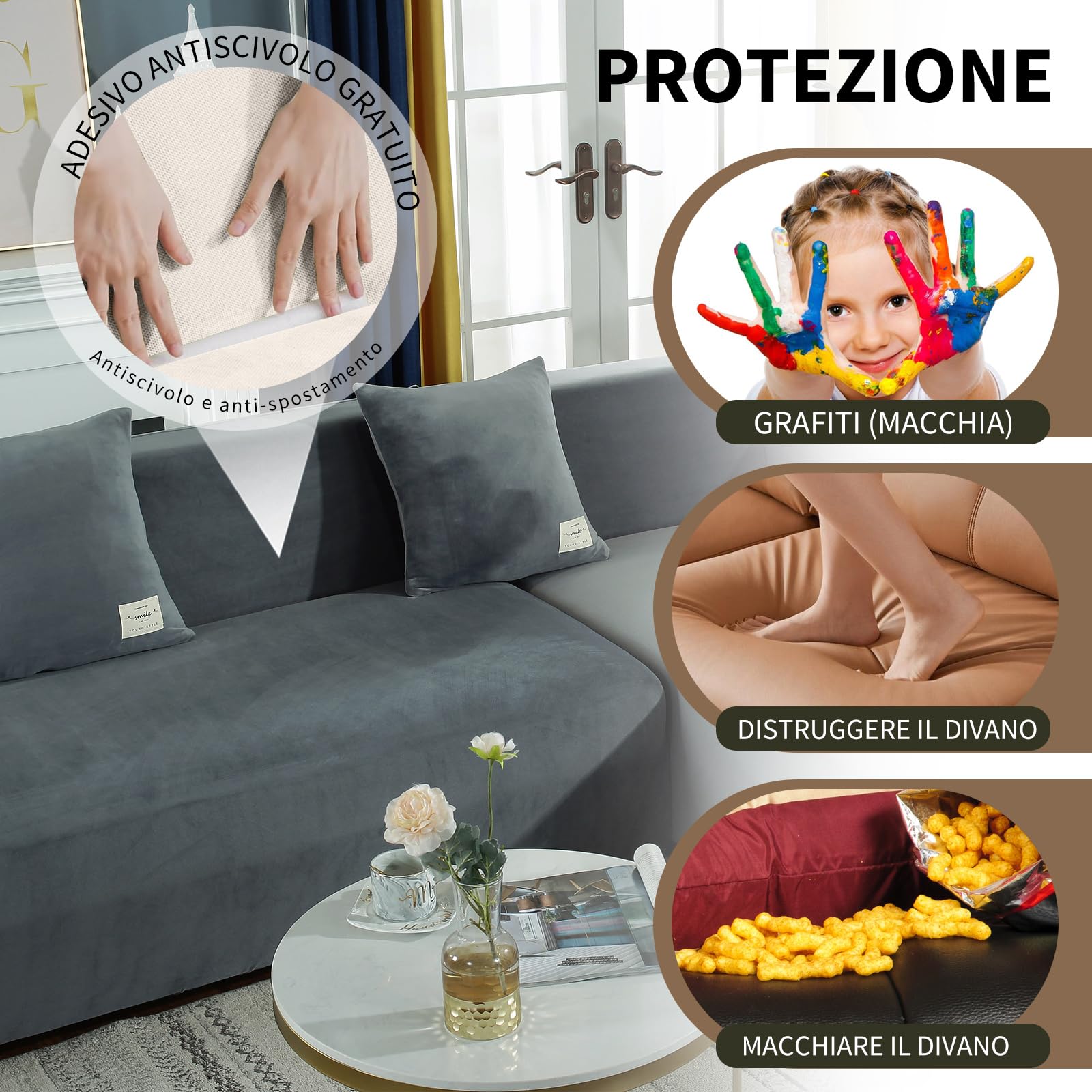 Copridivano Elasticizzato, Copridivano Universale con Penisola per Divani in Poliestere a Forma di L, Copri Divano, Lavabile (2 Posti, Grigio chiaro)
