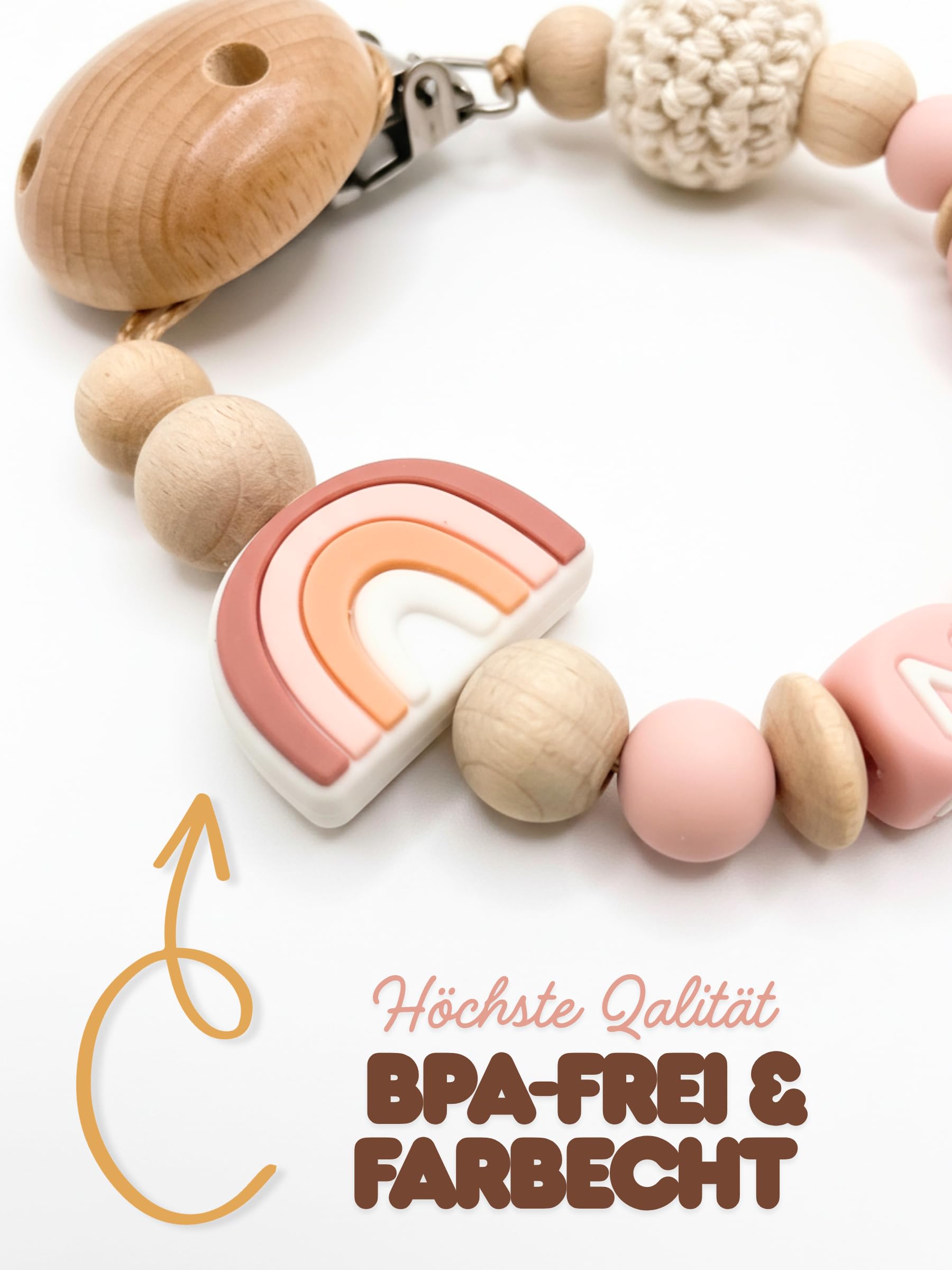 Schnullerkettenwelt Schnullerkette mit Namen - personalisiert aus Silikon und Holz für Baby Mädchen & Jungen mit Wunschname (Rosa) - 5