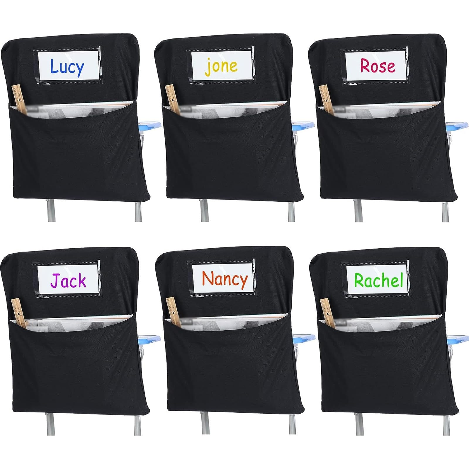 THE WHITE SHOP 6 Pcs Chair Storage, 17" X 14" Student Chair Pocket, Chair Back Classroom Organizer With Name Tag For Keeping Kids Student Book School Table Desk Organized, Black
