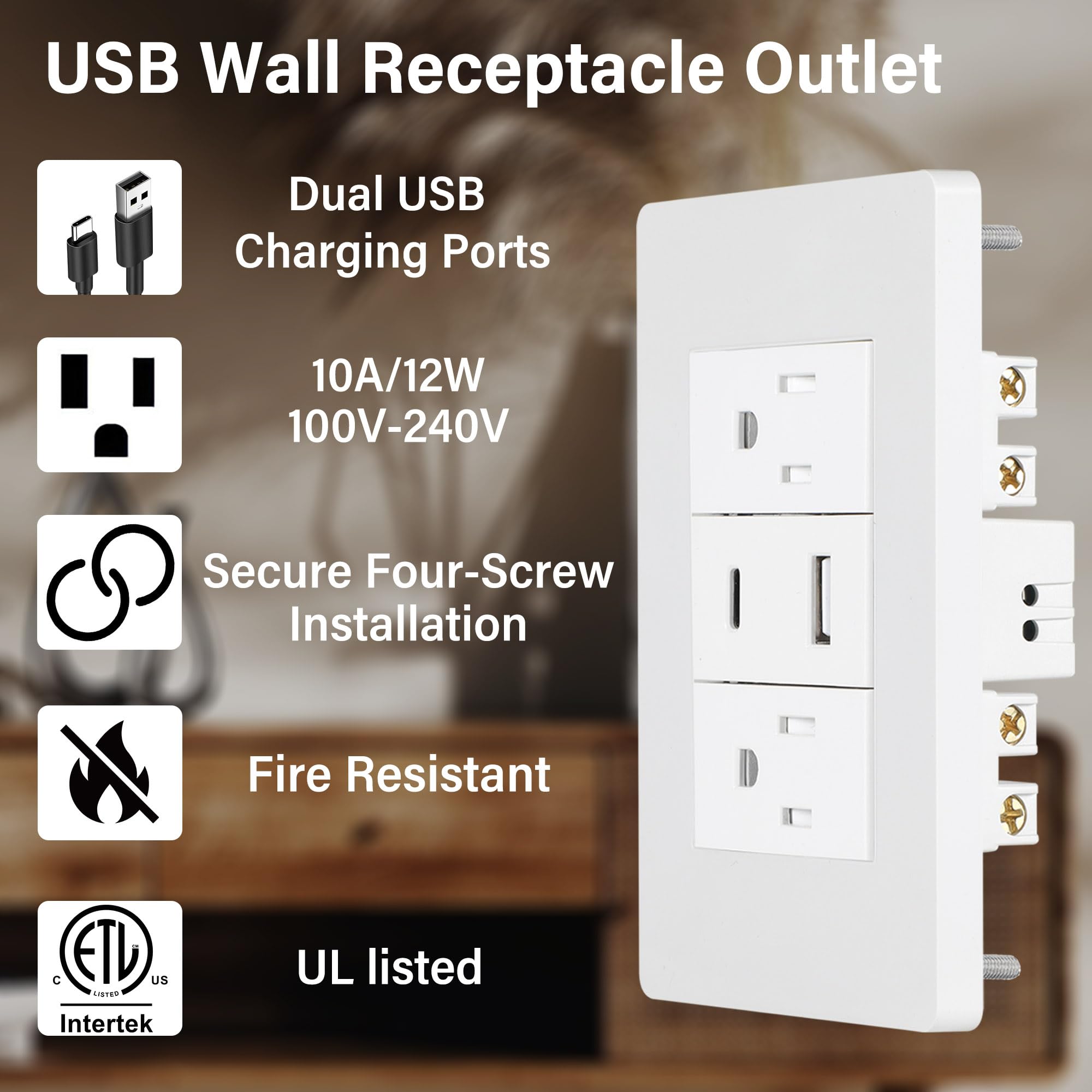 AWINLI Prise de courant USB, prise murale double port USB, prise inviolable duplex de 10 A, prise de charge avec port USB C, vis et plaque murale, 1 lot (blanc)
