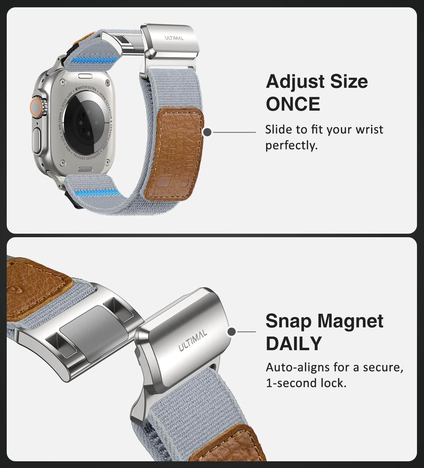 ULTIMAL Bracelet magnétique en nylon pour Apple Watch 49 mm, 46 mm, 45 mm
