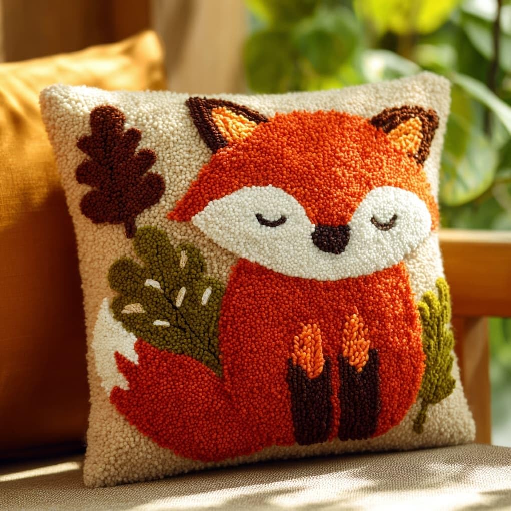 WallustrioaW Latch Hook Kits Pillow,Forest Little Fox,Printed Canvas Cushion DIY Kit Embroidery Pillowcase Rug Cover Home Sofa Christmas Decoration,17x17in