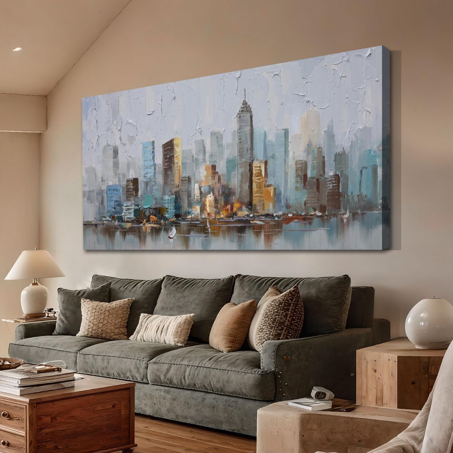 Enartly Abstract Cityscape Canvas Wall Art New York City Painting Modern Skyline Colorful NYC Grey Blue Picture, Large Size Framed for Bedroom Living Room Bathroom Home Office Wall Decor 40"x20" 40"L x 20"W Grey Skyline