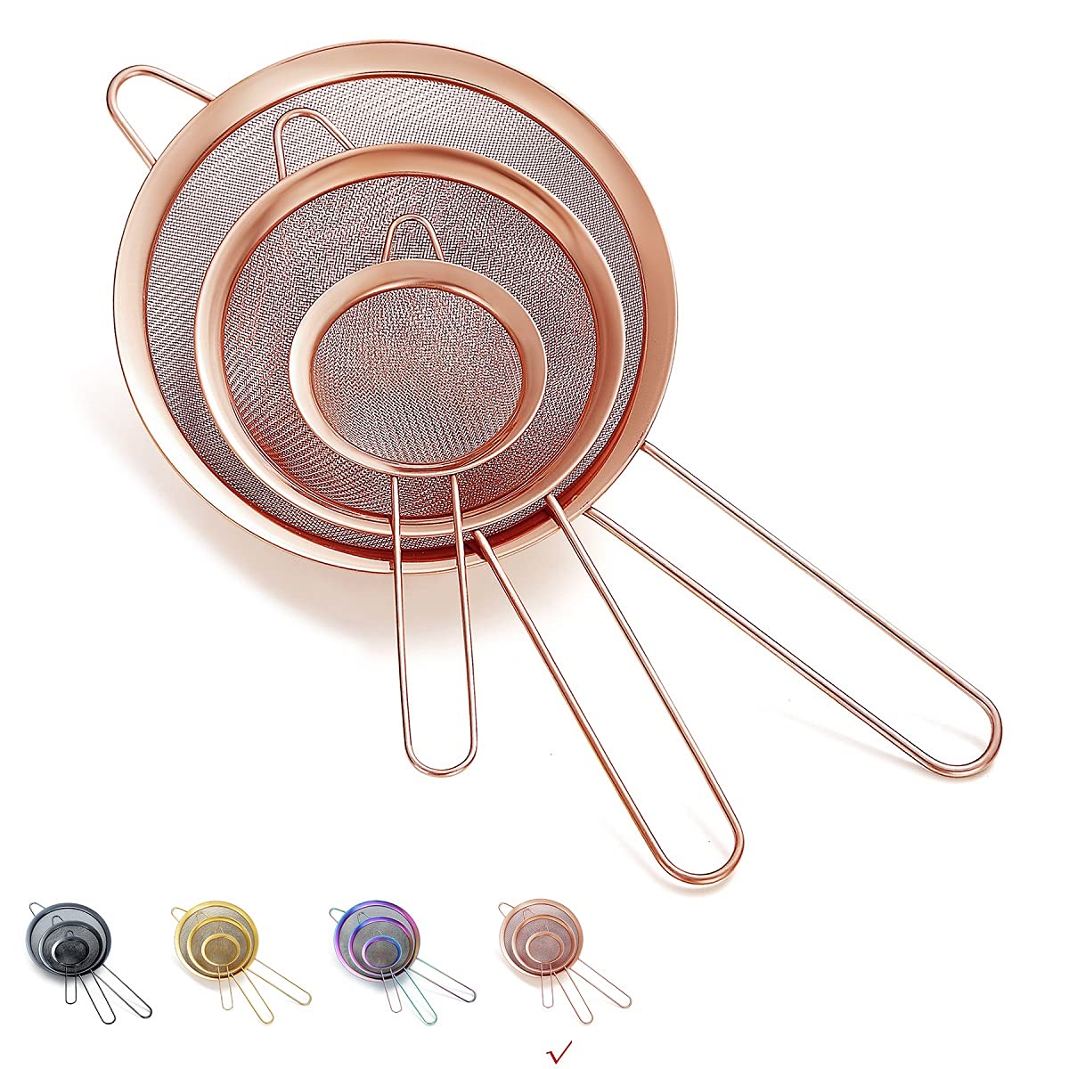 Copper Fine Mesh Strainer 3 Pieces Set, Rose Gold Flour Sifter For Baking, Stainless Steel Clander, Copper Matcha Tea Strainer, Gravy Separator, Stasher Sieve Pasta Strainers