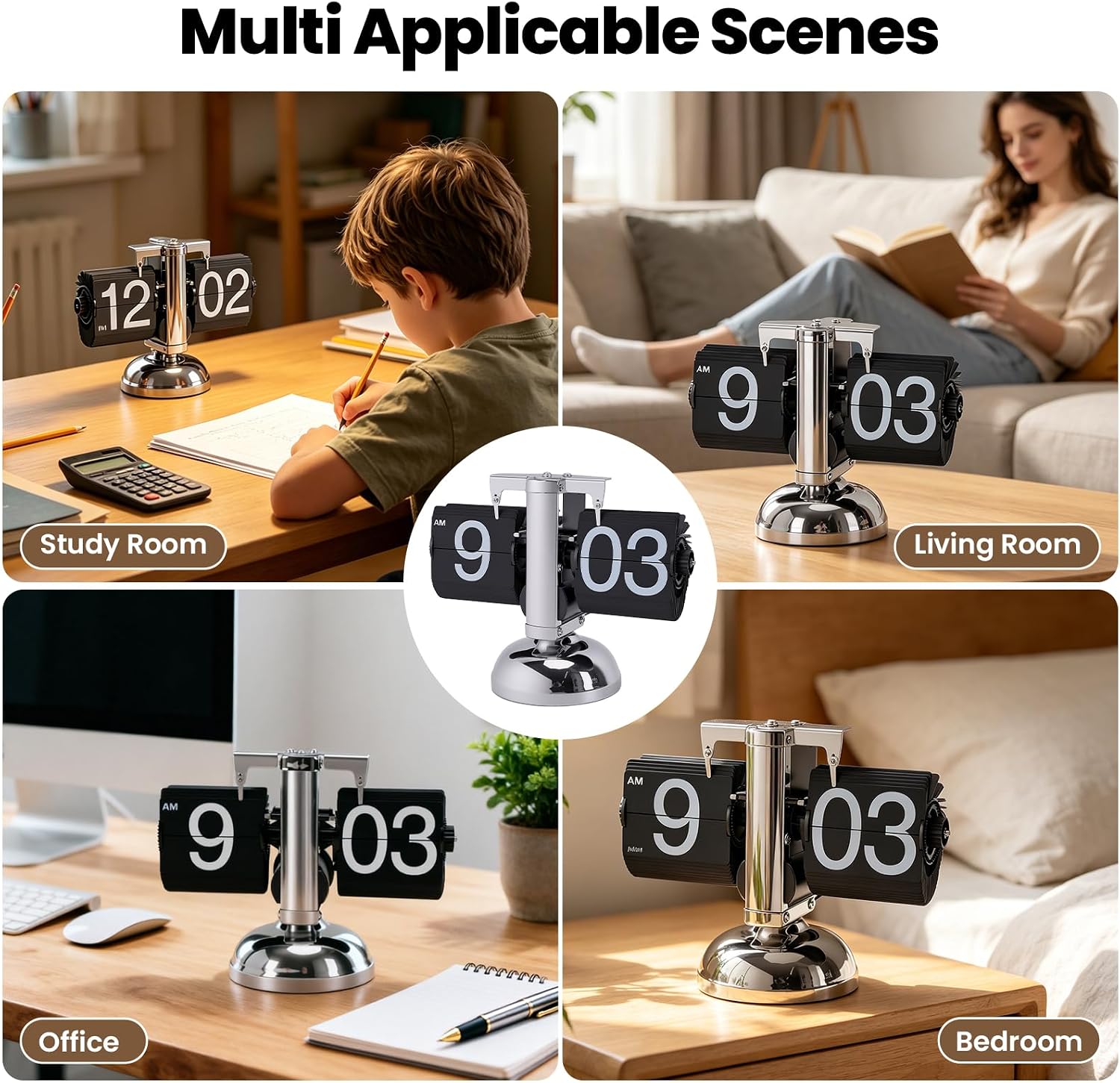 VINGVO Retro Digital Flip Down Clock, Flip Desk Clock, Battery Powered Internal Gear Operated Time Clocks, Mechanical Clocks for Home Room Office Desk & Shelf Decoration (Silver)