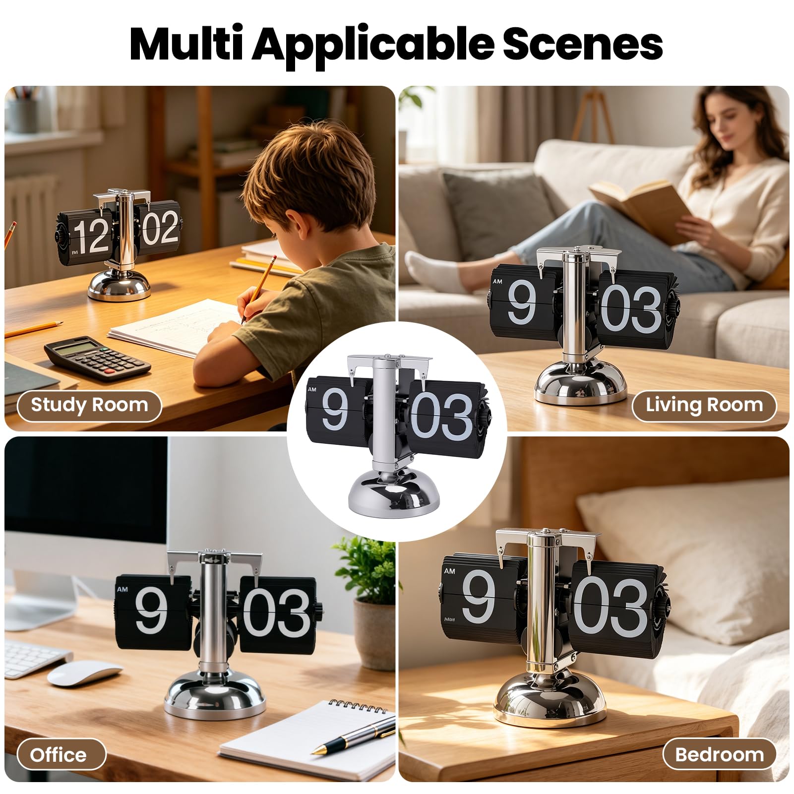 VINGVO Reloj digital retro abatible, reloj de escritorio abatible, funciona con pilas, relojes de tiempo internos que funcionan con engranajes, relojes mecánicos para decoración del hogar, habitación