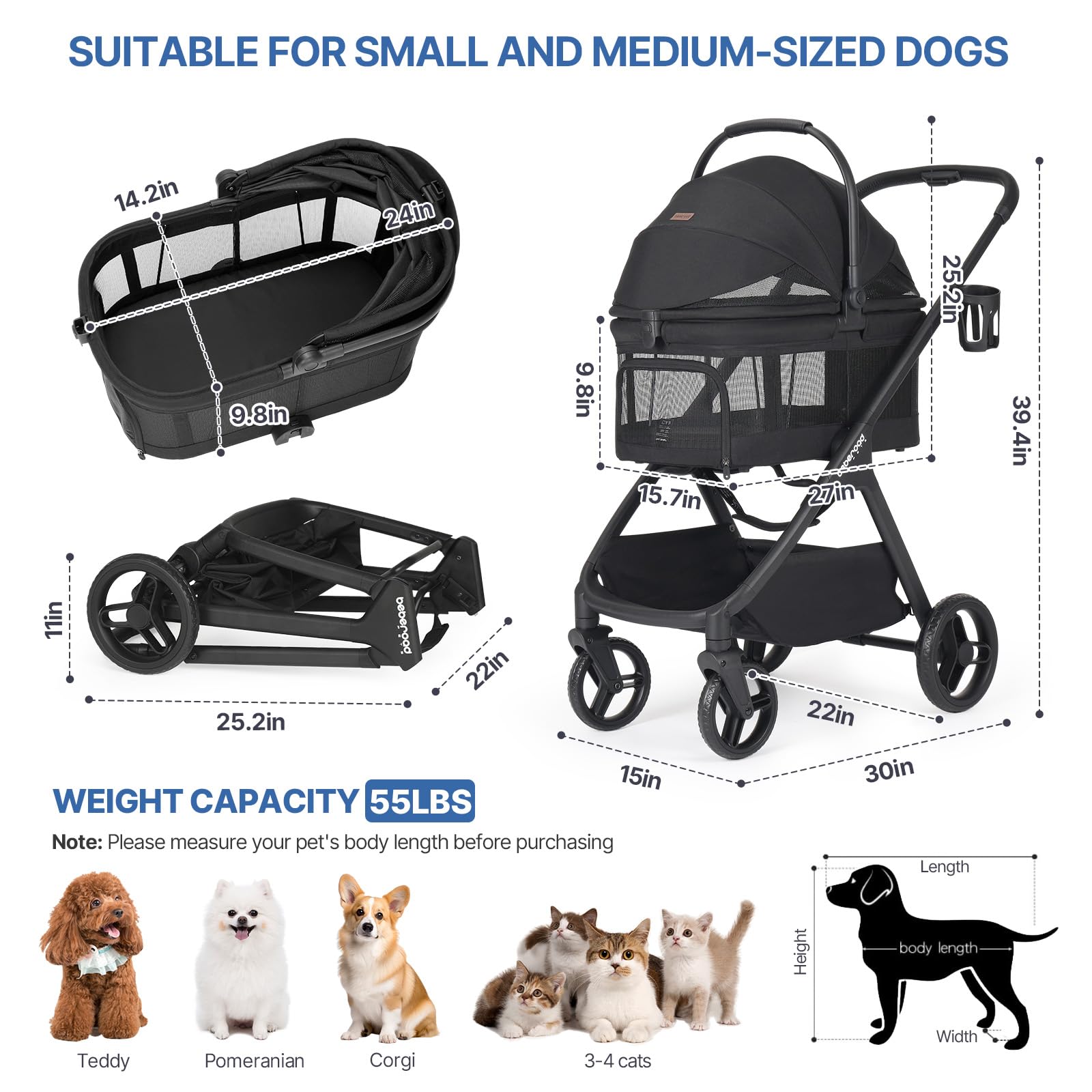 Beberoad X-5 Haustierbuggy für Hunde/Katzen bis 25 kg, Full View, Schwarz