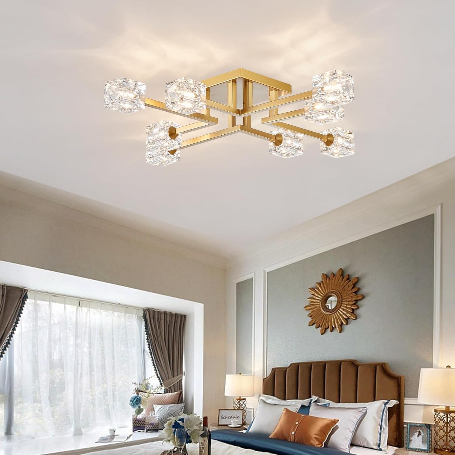 8-Light Gold Sputnik Chandelier Semi Flush Mount Ceiling Light Fixture, Modern Farmhouse Chandeliers for Dining Room Bedroom Kitchen Hallway Office Living Room, 32"