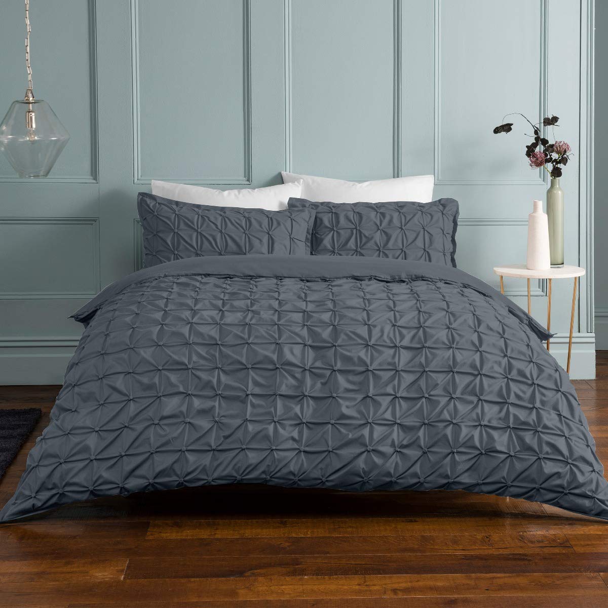 SleepdownRouched Pleats Charcoal Grey Pintuck Easy Care Soft Duvet Cover Quilt Bedding Set with Pillowcase - Single (135cm x 200cm)