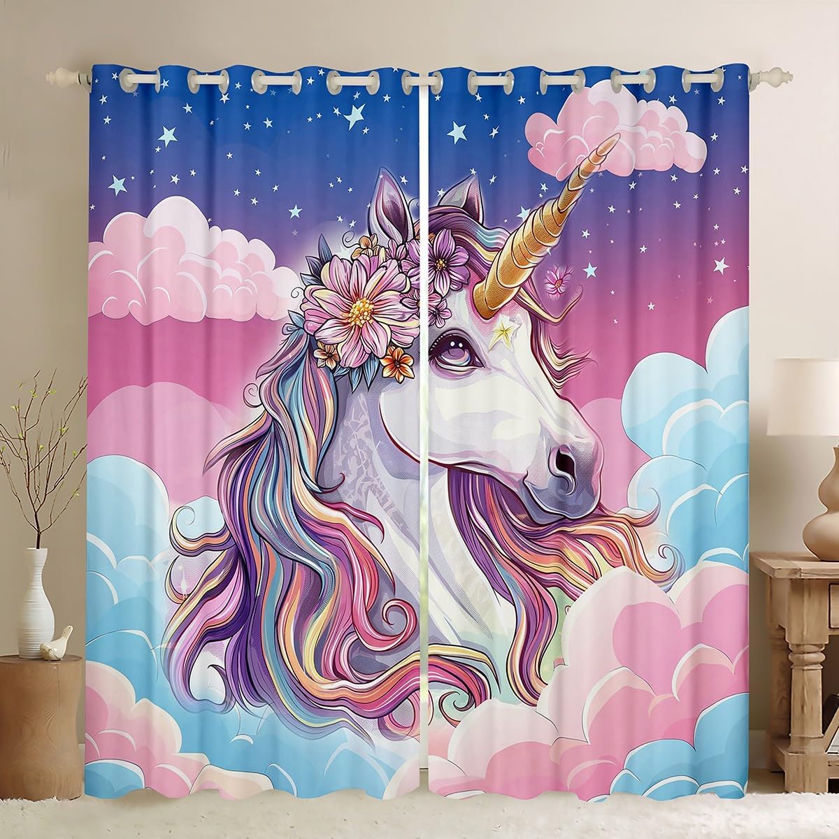 Erosebridal Rainbow Unicorn Blackout Curtains for Girls, Pink Unicorn Kids Curtains for Girls, Unicorn Bedroom Living Room Curtains for Girls Teens Boys All Season Window Curtains,2 Panels 52" Wx84 L