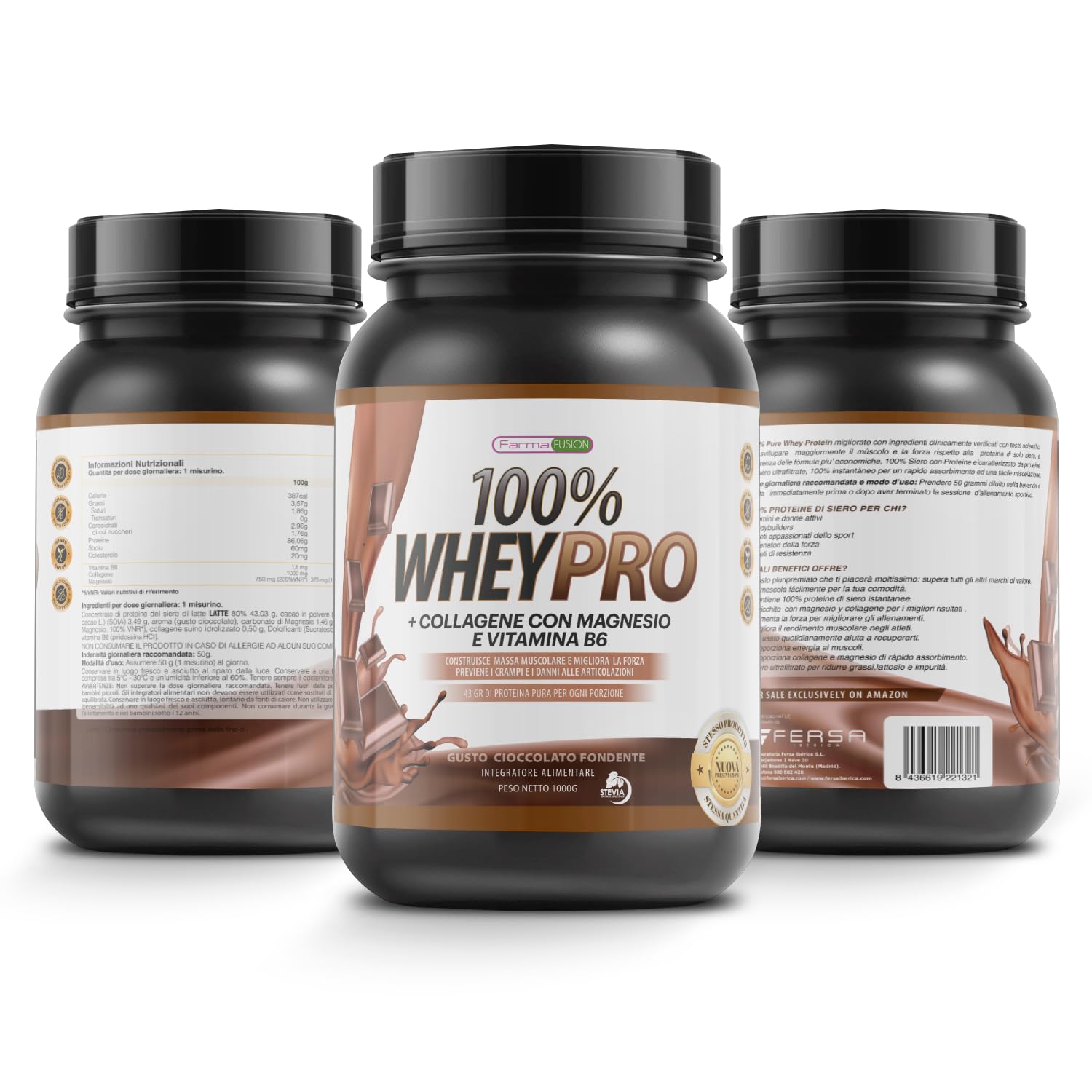 Farma Fusion Proteine del Siero del Latte con Collagene e Magnesio | 43 Grammi di Proteine pure per dose | Aumenta la massa muscolare | Protegge e lubrifica le articolazioni | 1000 g Cioccolato