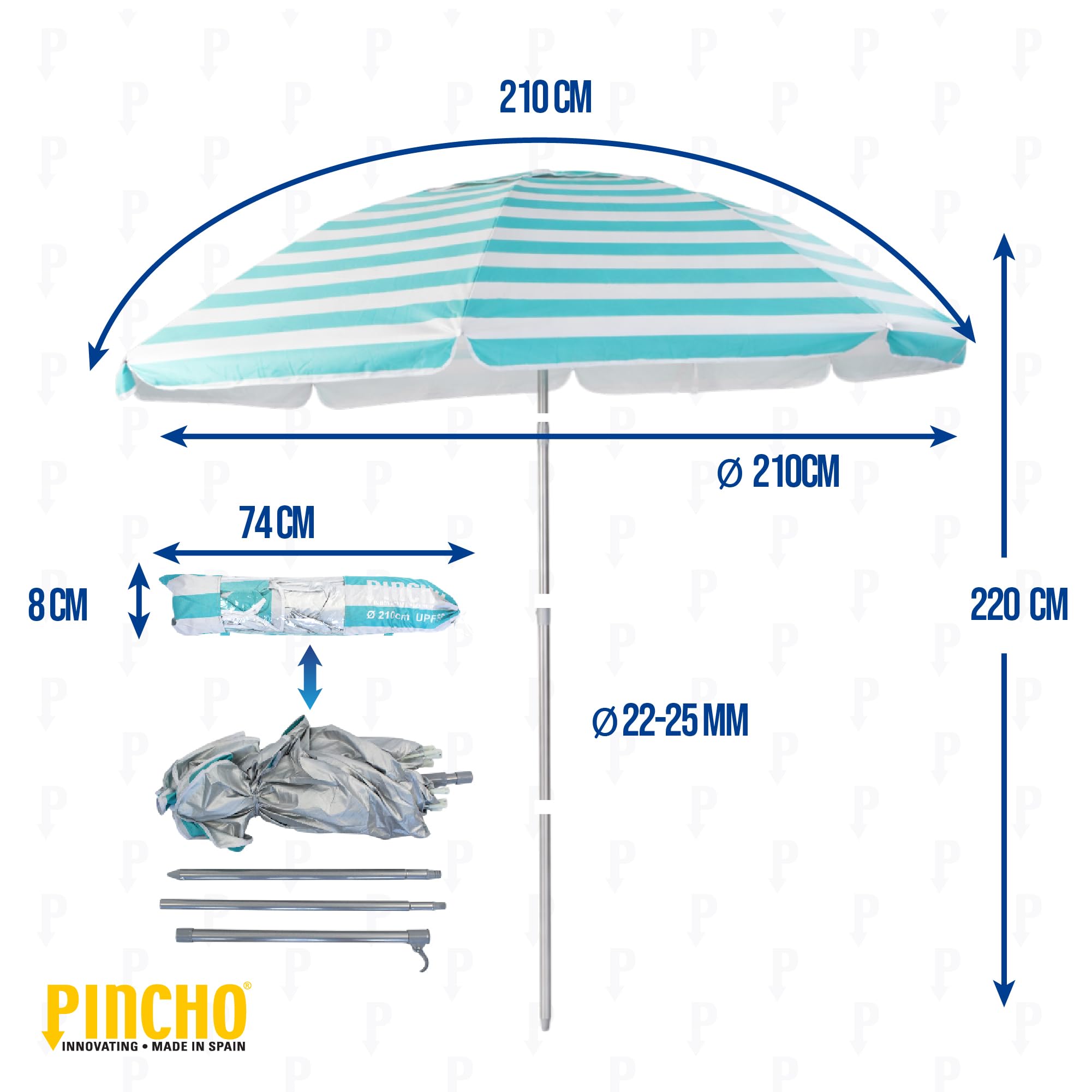 Pincho Sombrilla Playa Mochila Plegable 210CM UV50+, Ultraligera 1,5kg, Ideal para Moto, Bicicleta y Camping, Parasol Resistente al Viento con Varillas de Acero y Bolsa de Transporte