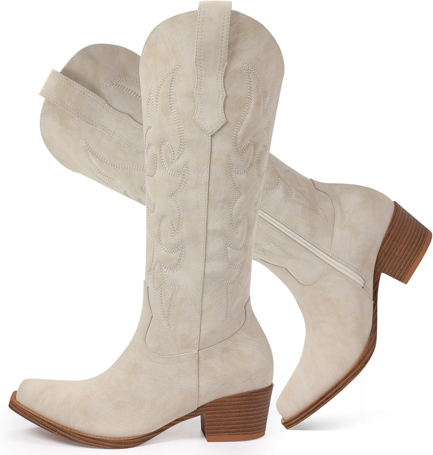 Cowboy Boots for Women - Knee High Wide Calf Cowgirl Boots with Chunky Heel Snip Toe Side Zipper Embossed Design for Festival Prom Party Casual Outfits