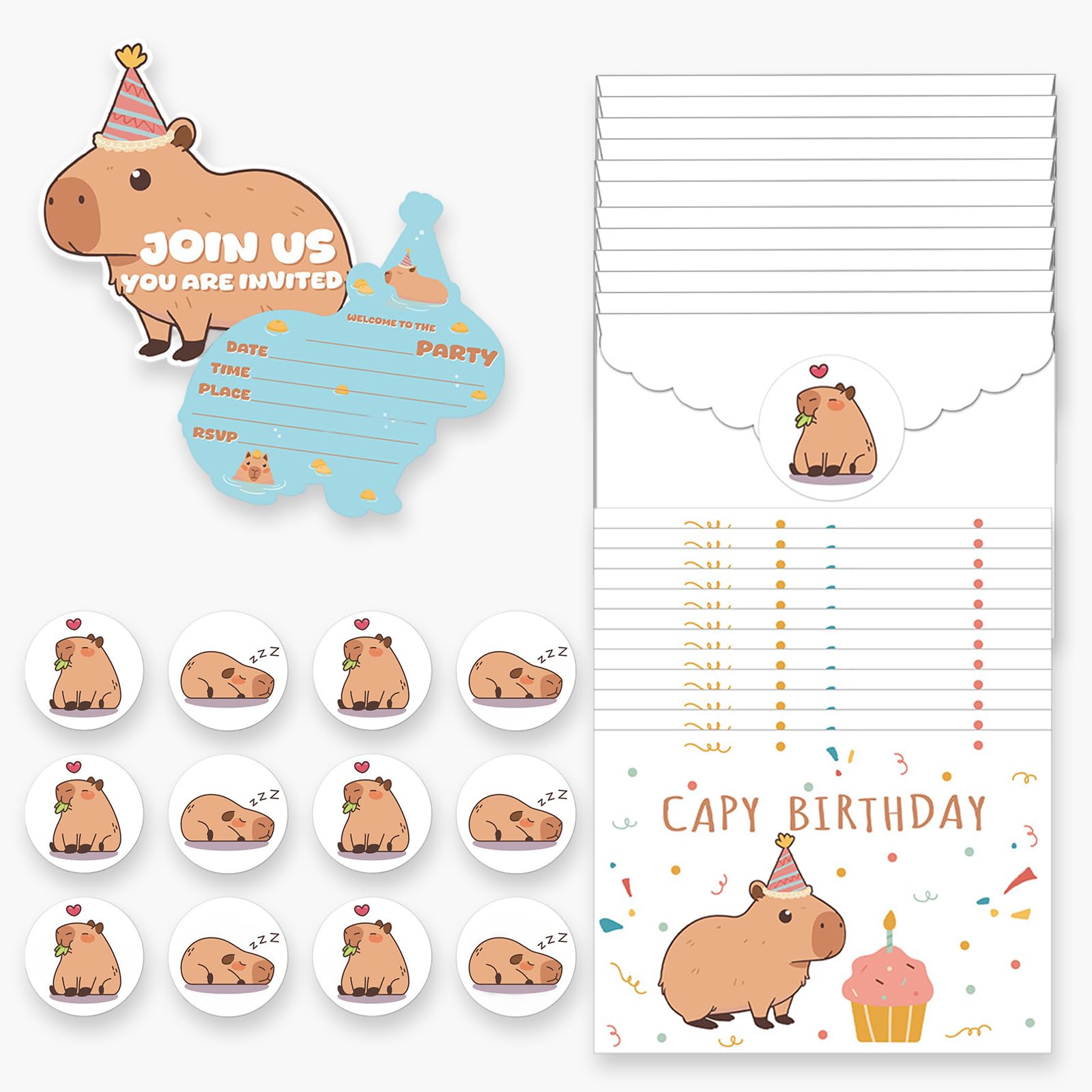 Livzikaroa 12 Pack Capybara Birthday Invitation Cards with Envelopes and Stickers Party Invitations for Birthday Celebrations Family Gatherings and Themed Events