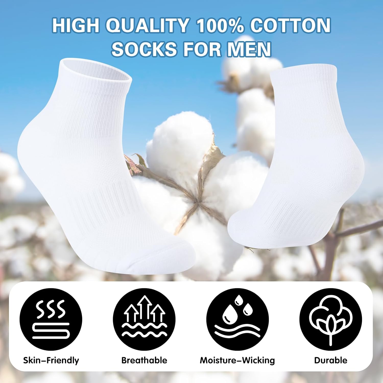 Mens 100% Cotton Cushioned Ankle Socks, Moisture Wicking Breathable Athletic Performance Running Quarter Socks - Image 6