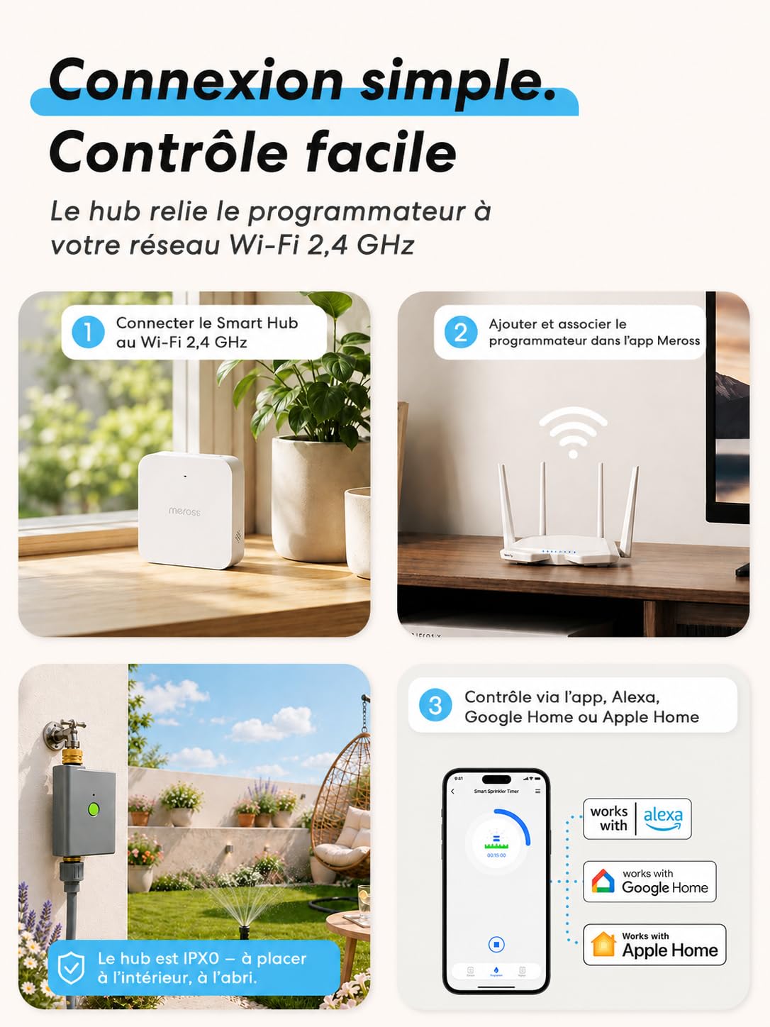 meross Programmateur Arrosage WiFi avec Smart Hub, Arrosage Automatique pour Jardin, App & Commande Vocale, Pause Pluie, Suivi Conso d’Eau, Raccords en Laiton, IP65, Alexa, Google et Apple Home, Gris