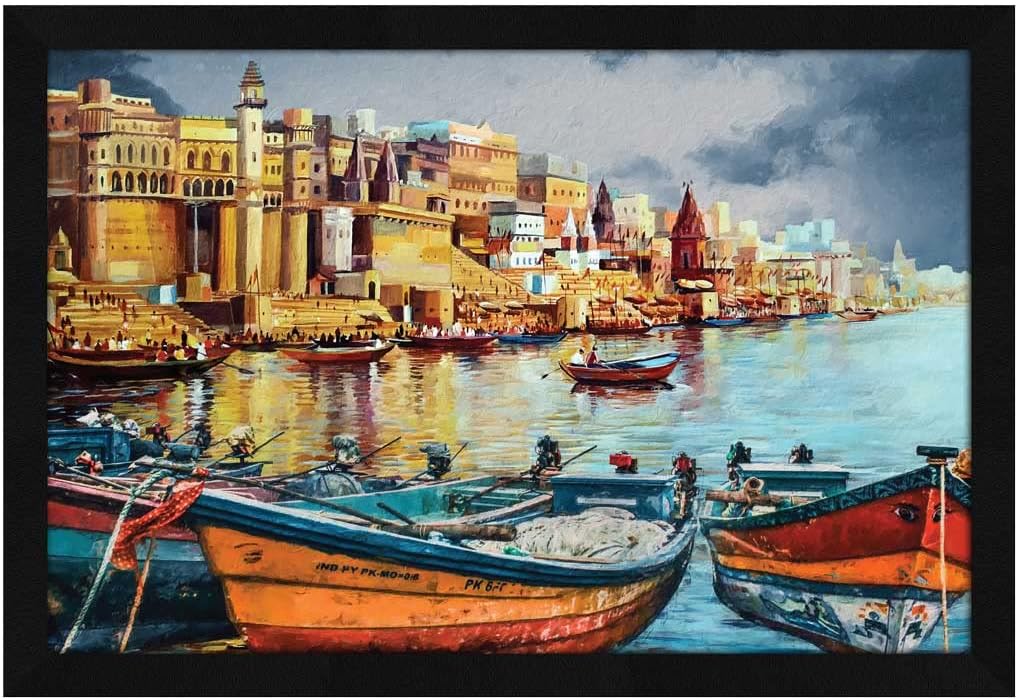 ArtX Paper Varanasi Ghat Wall Art Painting, Framed Painting Multicolor, Synthetic Wood, Set Of 1 (13 X 19 New)