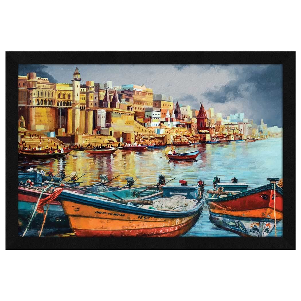ArtX Paper Varanasi Ghat Wall Art Painting, Framed Painting Multicolor, Synthetic Wood, Set Of 1 (13 X 19 New)