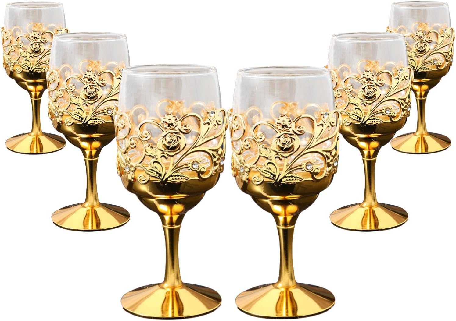 Hand-Carved Floral Metal Embossed Goblet Glasses Set of 6-1.7oz European Ironware Design for Wine, Brandy & Spirits, Elegant Wedding & Birthday Gifts,Dishwasher Safe (6)