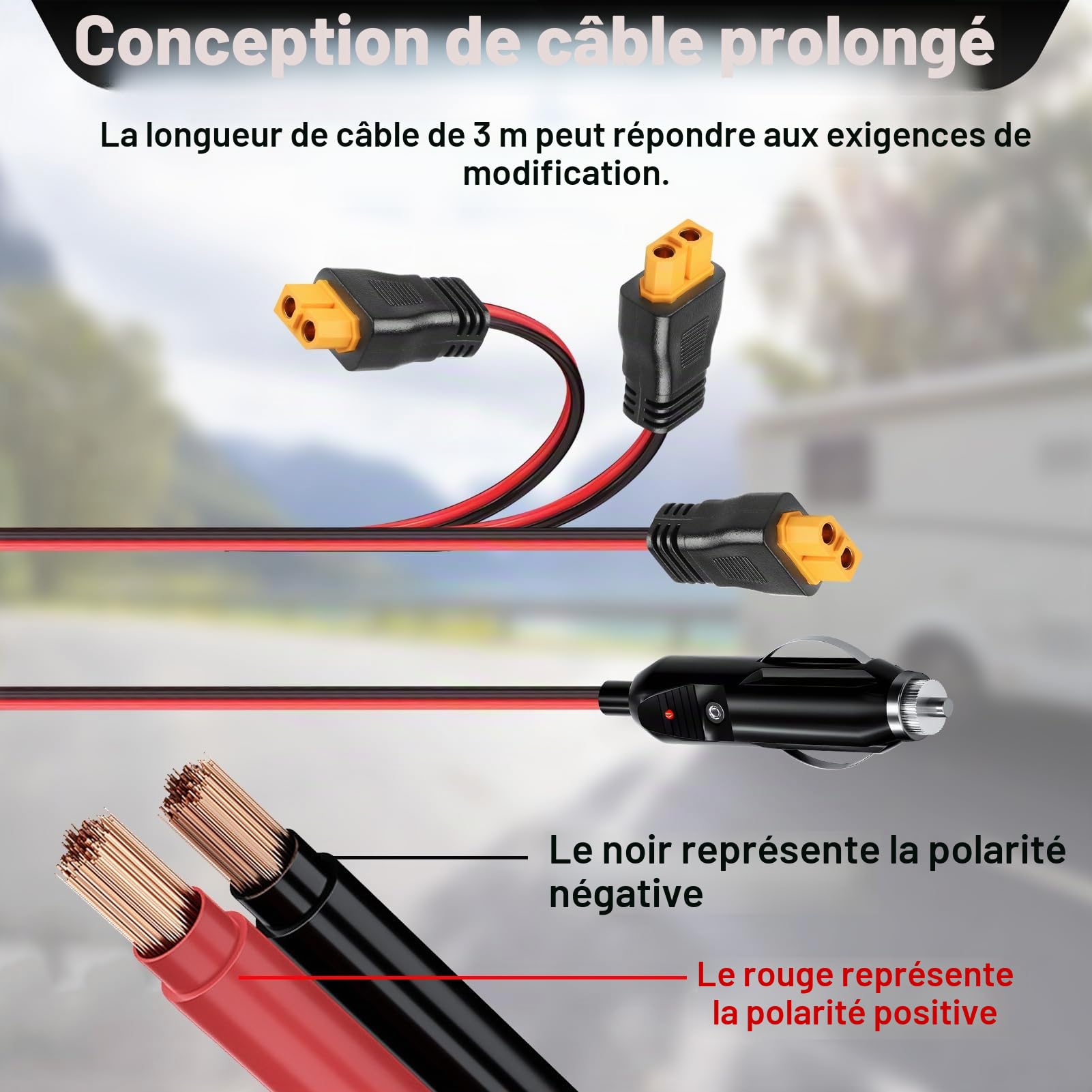 Câble allume-cigare 12 V/24 V vers XT60, adaptateur CC XT60 de 3 m, 16 AWG, chargeur de voiture pour BLUETTI Power Station EB55/AC2A/AC70, Anker 757/767, SOLIX C200 C300, générateur solaire Ecoflow
