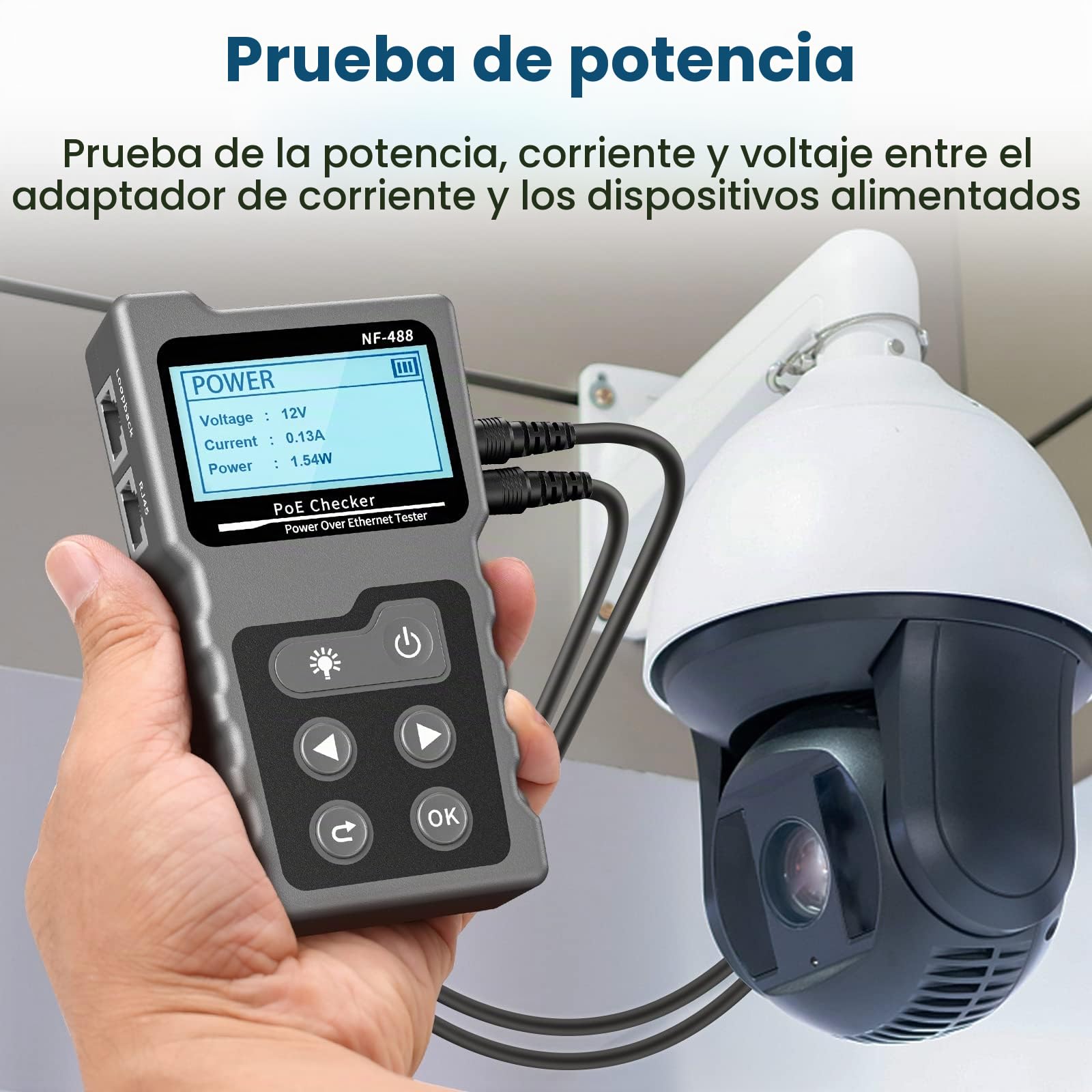 NF-488 Probador de Red RJ45 con Pantalla LCD, Para Comprobar Cortocircuito, Cruce y Rotura de Cables de Red Cat5/Cat6, Prueba de Voltaje y Corriente, Probador de Cable de Red con Función POE