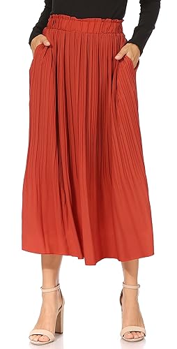 Simlu Pleated Midi Skirts for Women with Pockets, Elastic High