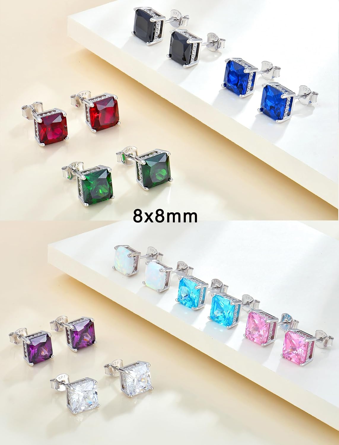 YL Solitaire Square Earrings 925 Sterling Silver Stud Earrings 4-8 MM Princess Cut Birthstone Jewelry for Women