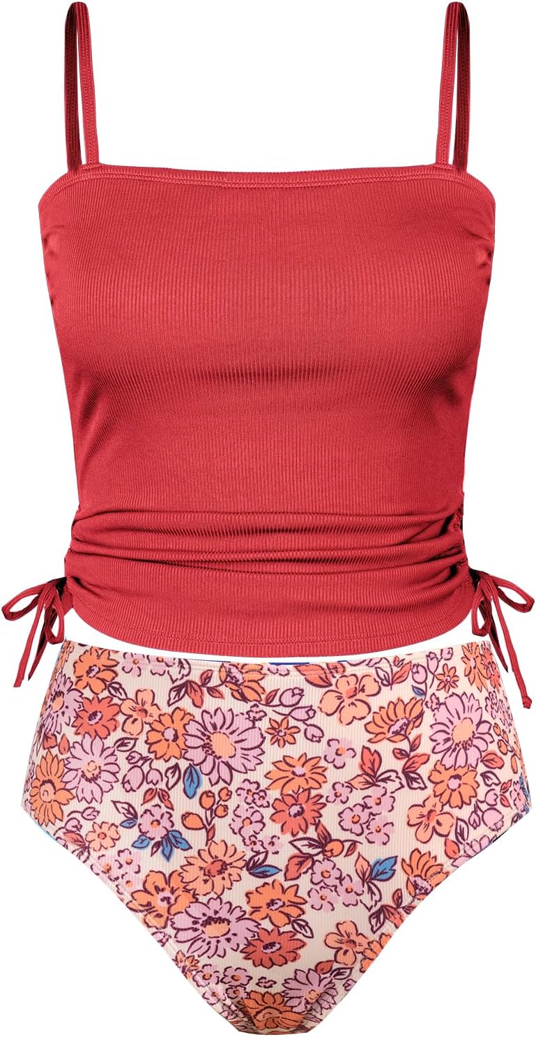 CUPSHE Women's Tankini Set Two Piece Swimsuit Ruched Drawstring Bathing Suits with High Waisted Bottom Rib - Image 3