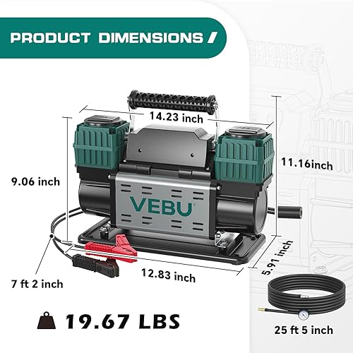 Miniatura 9 de Compresor de aire resistente 12V inflador de neumáticos, cilindro dual 125PSI con manómetro en línea, 10.6CFM inflación rápida para vehículos todo